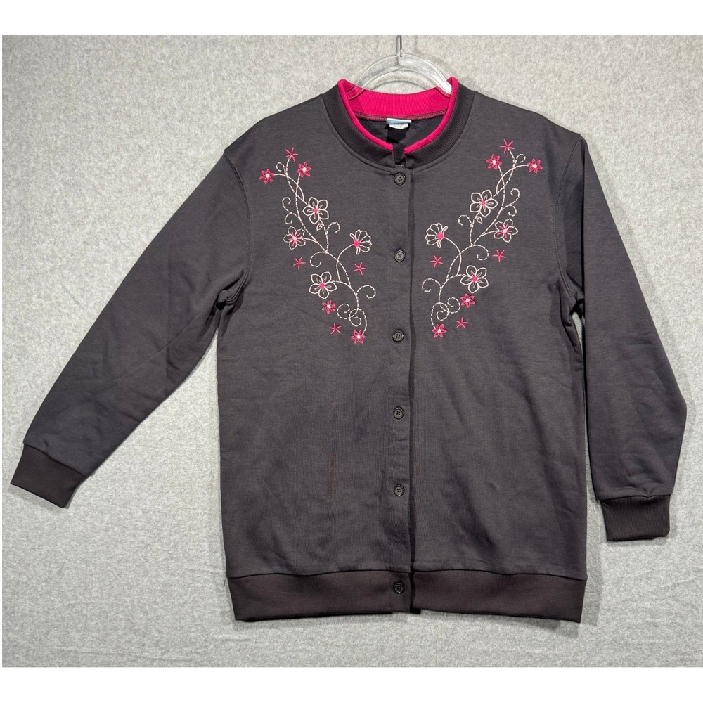 Comfort Corner Embroidered Cardigan Sweater Gray‎ Pink Floral Button Up M